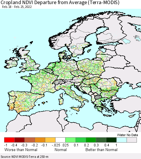 Europe Cropland NDVI Departure from Average (Terra-MODIS) Thematic Map For 2/18/2022 - 2/25/2022