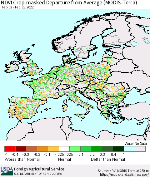 Europe Cropland NDVI Departure from Average (Terra-MODIS) Thematic Map For 2/21/2022 - 2/28/2022