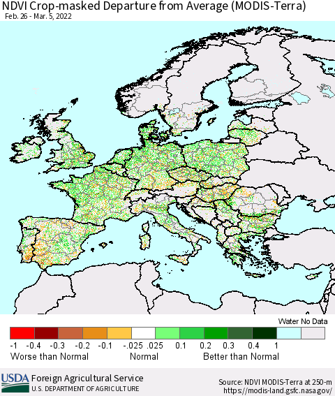 Europe Cropland NDVI Departure from Average (Terra-MODIS) Thematic Map For 3/1/2022 - 3/10/2022