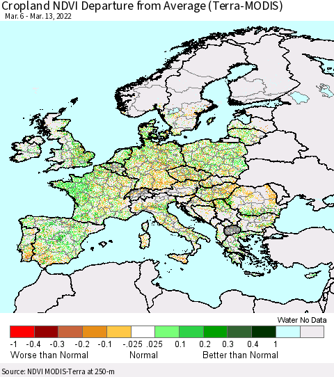 Europe Cropland NDVI Departure from Average (Terra-MODIS) Thematic Map For 3/6/2022 - 3/13/2022