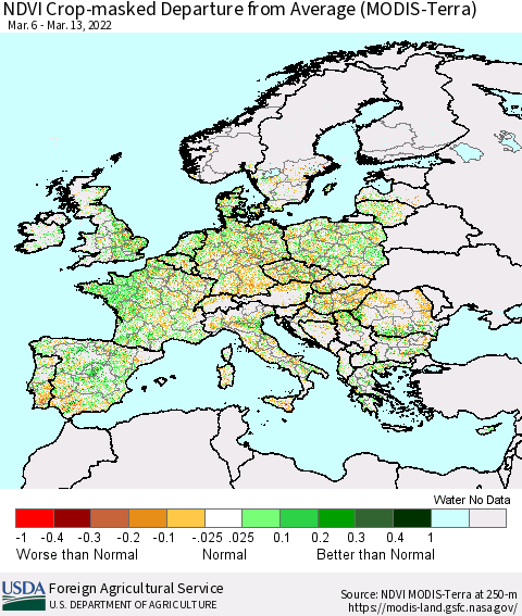 Europe Cropland NDVI Departure from Average (Terra-MODIS) Thematic Map For 3/11/2022 - 3/20/2022