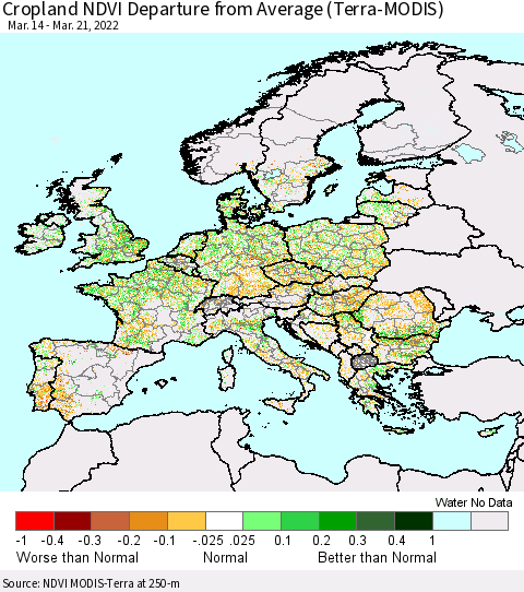 Europe Cropland NDVI Departure from Average (Terra-MODIS) Thematic Map For 3/14/2022 - 3/21/2022