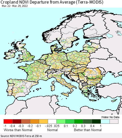 Europe Cropland NDVI Departure from Average (Terra-MODIS) Thematic Map For 3/22/2022 - 3/29/2022