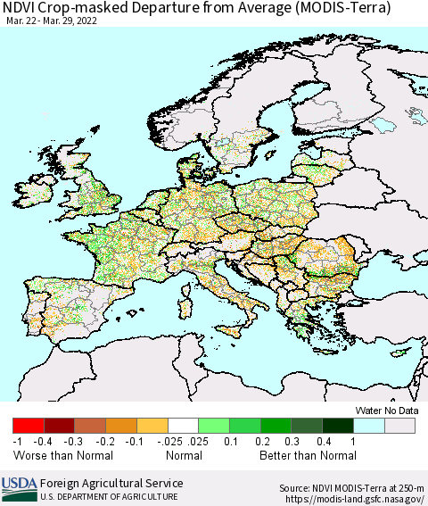Europe Cropland NDVI Departure from Average (Terra-MODIS) Thematic Map For 3/21/2022 - 3/31/2022