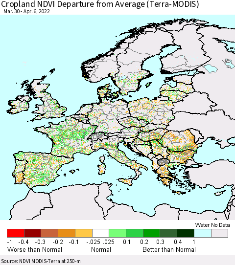 Europe Cropland NDVI Departure from Average (Terra-MODIS) Thematic Map For 3/30/2022 - 4/6/2022