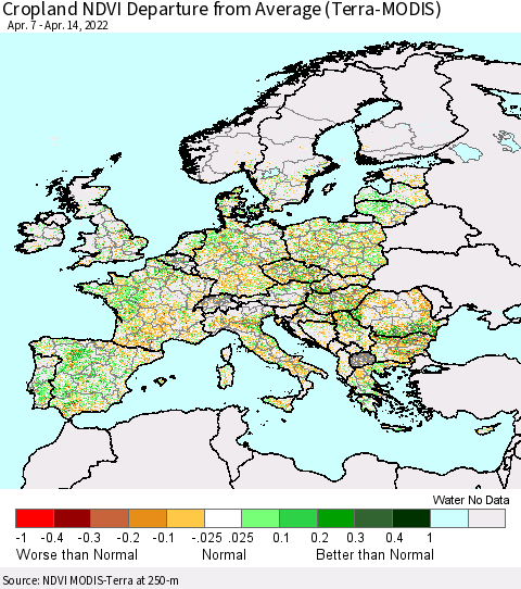Europe Cropland NDVI Departure from Average (Terra-MODIS) Thematic Map For 4/7/2022 - 4/14/2022