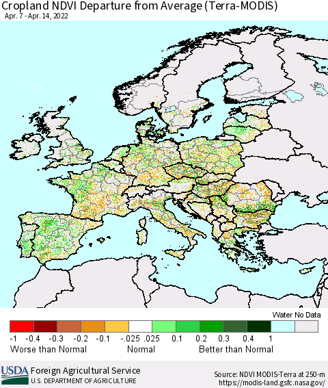 Europe Cropland NDVI Departure from Average (Terra-MODIS) Thematic Map For 4/11/2022 - 4/20/2022