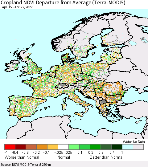 Europe Cropland NDVI Departure from Average (Terra-MODIS) Thematic Map For 4/15/2022 - 4/22/2022
