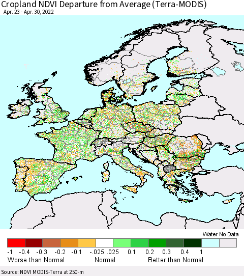 Europe Cropland NDVI Departure from Average (Terra-MODIS) Thematic Map For 4/21/2022 - 4/30/2022