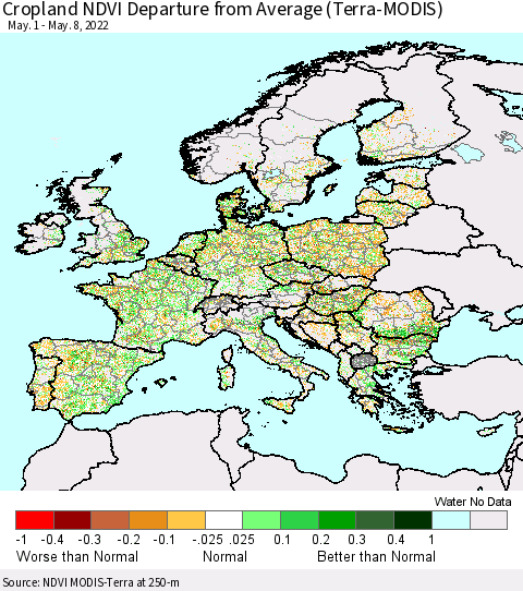 Europe Cropland NDVI Departure from Average (Terra-MODIS) Thematic Map For 5/1/2022 - 5/8/2022