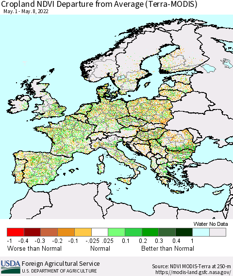 Europe Cropland NDVI Departure from Average (Terra-MODIS) Thematic Map For 5/1/2022 - 5/10/2022
