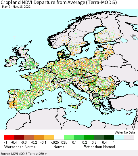 Europe Cropland NDVI Departure from Average (Terra-MODIS) Thematic Map For 5/9/2022 - 5/16/2022