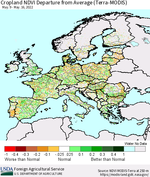 Europe Cropland NDVI Departure from Average (Terra-MODIS) Thematic Map For 5/11/2022 - 5/20/2022