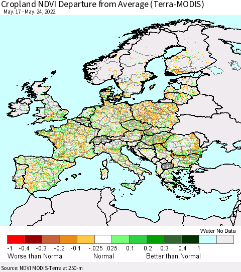 Europe Cropland NDVI Departure from Average (Terra-MODIS) Thematic Map For 5/17/2022 - 5/24/2022