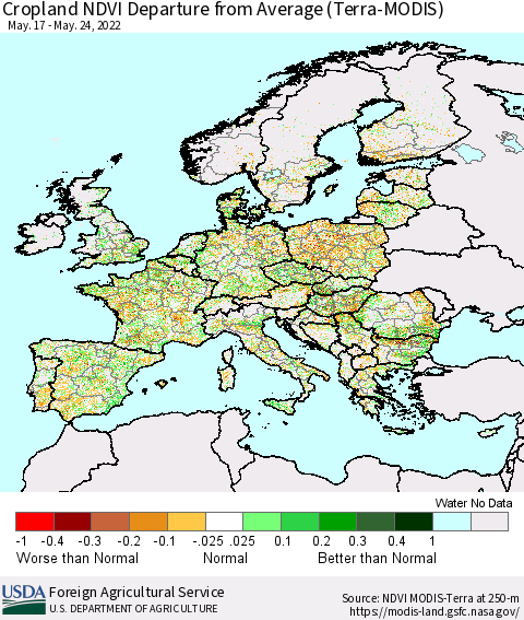 Europe Cropland NDVI Departure from Average (Terra-MODIS) Thematic Map For 5/21/2022 - 5/31/2022