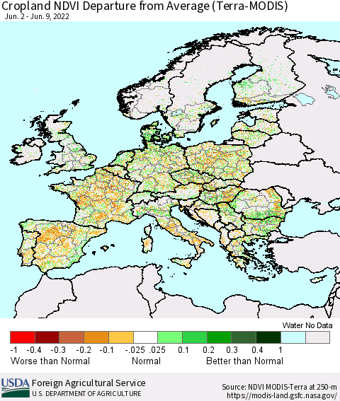 Europe Cropland NDVI Departure from Average (Terra-MODIS) Thematic Map For 6/1/2022 - 6/10/2022