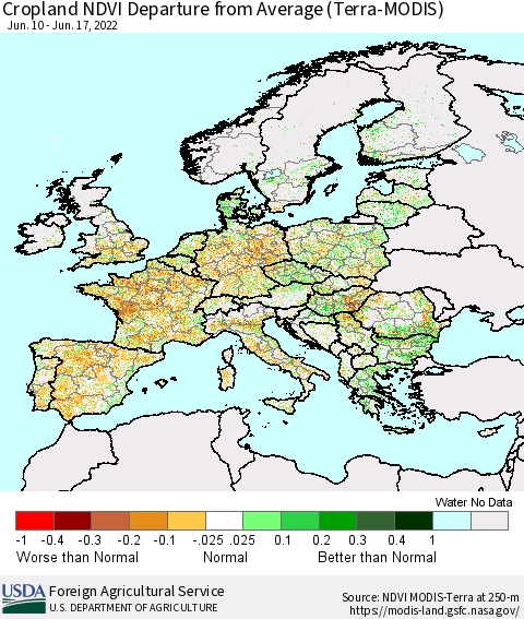 Europe Cropland NDVI Departure from Average (Terra-MODIS) Thematic Map For 6/11/2022 - 6/20/2022