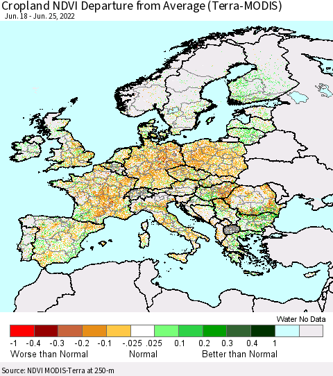 Europe Cropland NDVI Departure from Average (Terra-MODIS) Thematic Map For 6/18/2022 - 6/25/2022