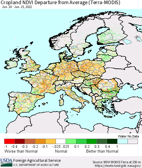 Europe Cropland NDVI Departure from Average (Terra-MODIS) Thematic Map For 6/21/2022 - 6/30/2022
