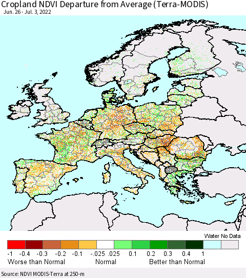 Europe Cropland NDVI Departure from Average (Terra-MODIS) Thematic Map For 6/26/2022 - 7/3/2022