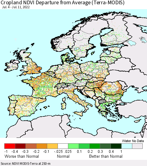 Europe Cropland NDVI Departure from Average (Terra-MODIS) Thematic Map For 7/4/2022 - 7/11/2022