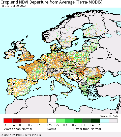 Europe Cropland NDVI Departure from Average (Terra-MODIS) Thematic Map For 7/12/2022 - 7/19/2022
