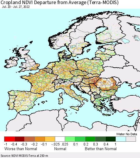 Europe Cropland NDVI Departure from Average (Terra-MODIS) Thematic Map For 7/20/2022 - 7/27/2022