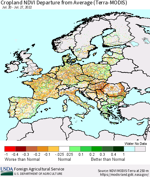 Europe Cropland NDVI Departure from Average (Terra-MODIS) Thematic Map For 7/21/2022 - 7/31/2022