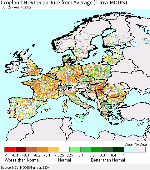 Europe Cropland NDVI Departure from Average (Terra-MODIS) Thematic Map For 7/28/2022 - 8/4/2022