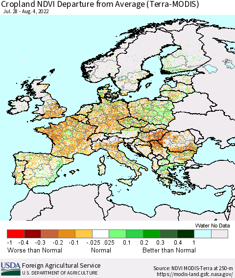 Europe Cropland NDVI Departure from Average (Terra-MODIS) Thematic Map For 8/1/2022 - 8/10/2022