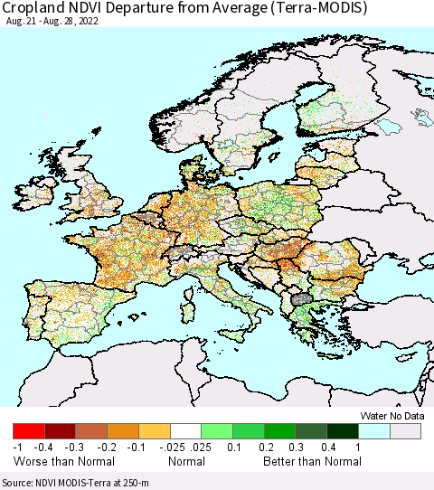 Europe Cropland NDVI Departure from Average (Terra-MODIS) Thematic Map For 8/21/2022 - 8/28/2022