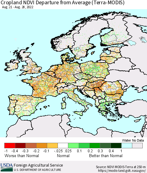 Europe Cropland NDVI Departure from Average (Terra-MODIS) Thematic Map For 8/21/2022 - 8/31/2022