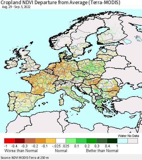 Europe Cropland NDVI Departure from Average (Terra-MODIS) Thematic Map For 8/29/2022 - 9/5/2022