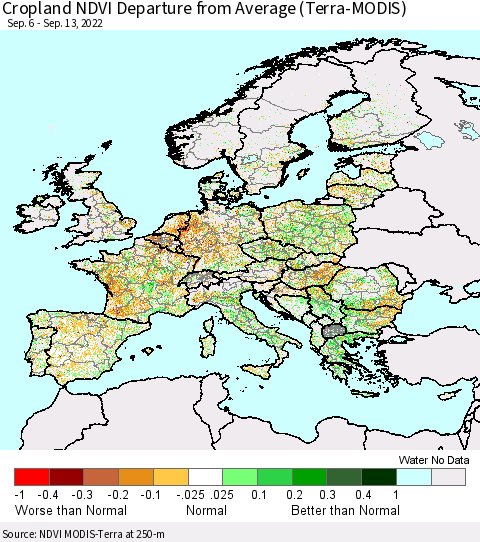 Europe Cropland NDVI Departure from Average (Terra-MODIS) Thematic Map For 9/6/2022 - 9/13/2022