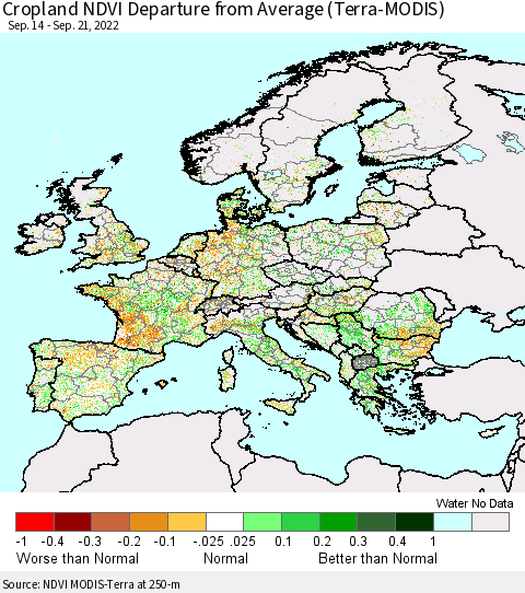 Europe Cropland NDVI Departure from Average (Terra-MODIS) Thematic Map For 9/14/2022 - 9/21/2022