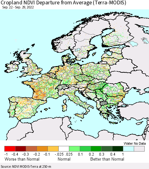 Europe Cropland NDVI Departure from Average (Terra-MODIS) Thematic Map For 9/22/2022 - 9/29/2022