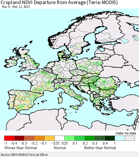 Europe Cropland NDVI Departure from Average (Terra-MODIS) Thematic Map For 3/6/2023 - 3/13/2023