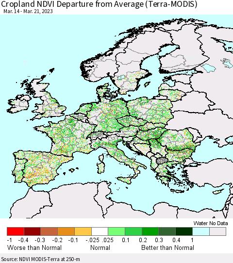 Europe Cropland NDVI Departure from Average (Terra-MODIS) Thematic Map For 3/14/2023 - 3/21/2023