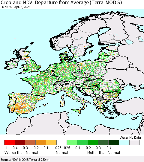 Europe Cropland NDVI Departure from Average (Terra-MODIS) Thematic Map For 3/30/2023 - 4/6/2023