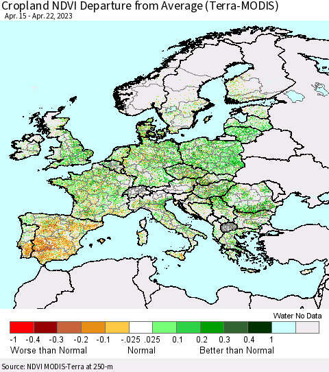 Europe Cropland NDVI Departure from Average (Terra-MODIS) Thematic Map For 4/15/2023 - 4/22/2023