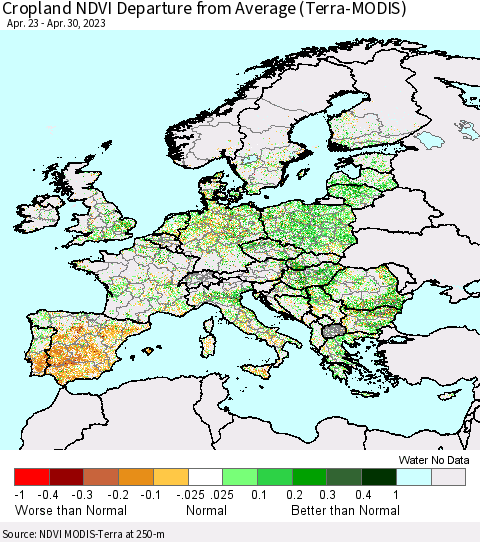 Europe Cropland NDVI Departure from Average (Terra-MODIS) Thematic Map For 4/23/2023 - 4/30/2023