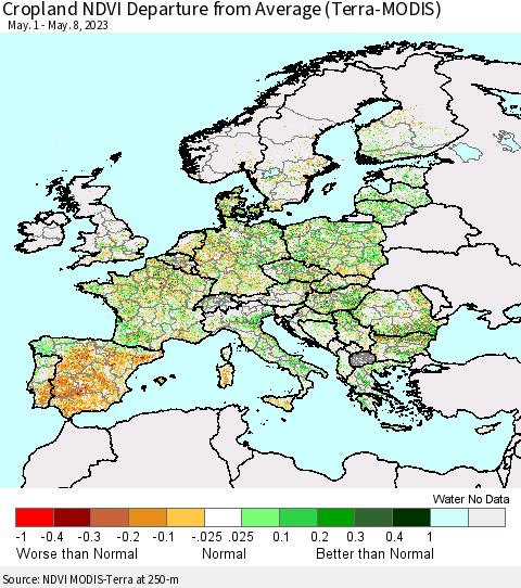 Europe Cropland NDVI Departure from Average (Terra-MODIS) Thematic Map For 5/1/2023 - 5/8/2023