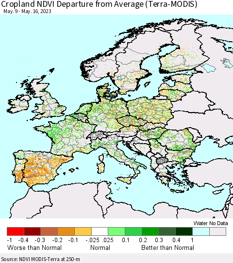 Europe Cropland NDVI Departure from Average (Terra-MODIS) Thematic Map For 5/9/2023 - 5/16/2023