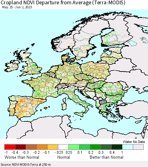 Europe Cropland NDVI Departure from Average (Terra-MODIS) Thematic Map For 5/25/2023 - 6/1/2023