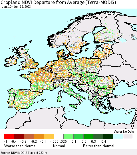 Europe Cropland NDVI Departure from Average (Terra-MODIS) Thematic Map For 6/10/2023 - 6/17/2023