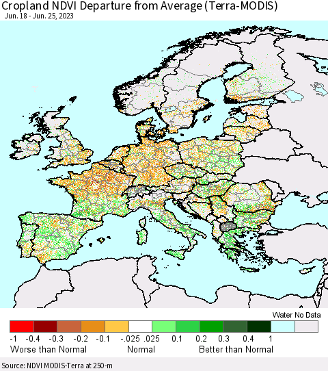Europe Cropland NDVI Departure from Average (Terra-MODIS) Thematic Map For 6/18/2023 - 6/25/2023