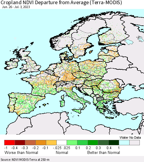 Europe Cropland NDVI Departure from Average (Terra-MODIS) Thematic Map For 6/26/2023 - 7/3/2023