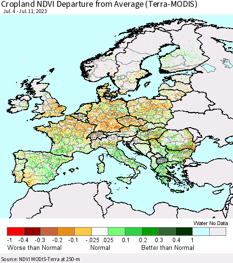 Europe Cropland NDVI Departure from Average (Terra-MODIS) Thematic Map For 7/4/2023 - 7/11/2023