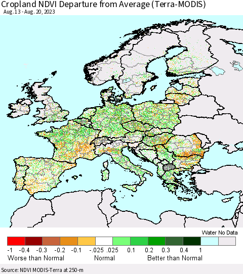 Europe Cropland NDVI Departure from Average (Terra-MODIS) Thematic Map For 8/13/2023 - 8/20/2023
