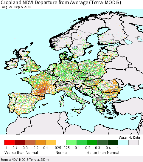 Europe Cropland NDVI Departure from Average (Terra-MODIS) Thematic Map For 8/29/2023 - 9/5/2023